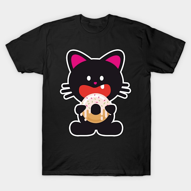 One Tooth Black Cat with Donut Food T-Shirt by HappyGiftArt